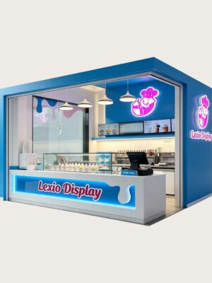 Branded Blue Frozen Yogurt Kiosk with Glass Display Case