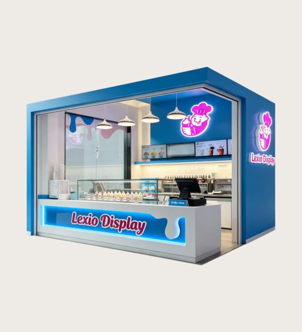Branded Blue Frozen Yogurt Kiosk with Glass Display Case