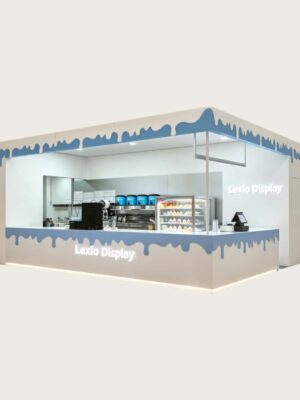 Custom Blue Drip Design Ice Cream Kiosk with Gelato Display Case | Modern Mall Food Retail Booth
