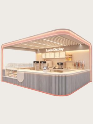 Modern Fluted Curved Beverage Kiosk with LED Light Canopy | Custom Mall Ice Cream & Drink Retail Booth