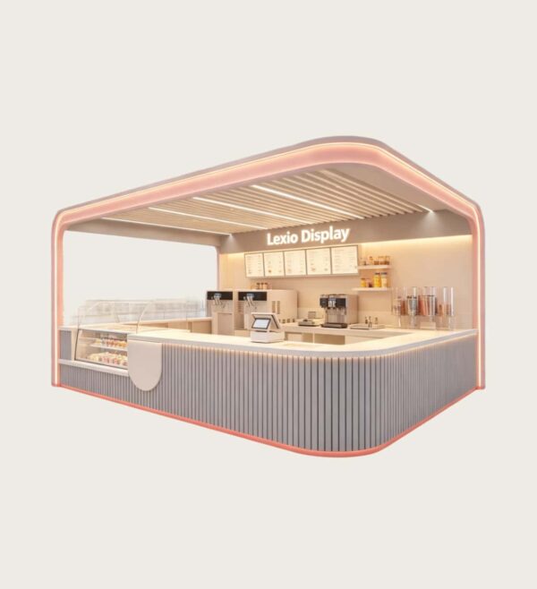 ICE CREAM KIOSK (7) Modern Fluted Curved Beverage Kiosk with LED Light Canopy | Custom Mall Ice Cream & Drink Retail Booth