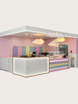 Custom Pastel Ice Cream Shop Counter with Marble Reception Desk | Modern Mall Dessert Retail Kiosk