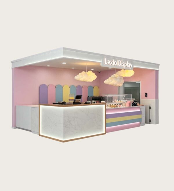 ICE CREAM KIOSK (8) Custom Pastel Ice Cream Shop Counter with Marble Reception Desk | Modern Mall Dessert Retail Kiosk