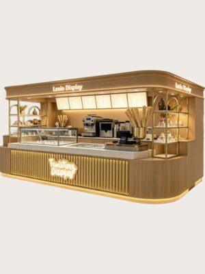 Custom Natural Wood Ice Cream & Coffee Kiosk with Gold Fluted Panel | Modern Mall Dessert Retail Booth