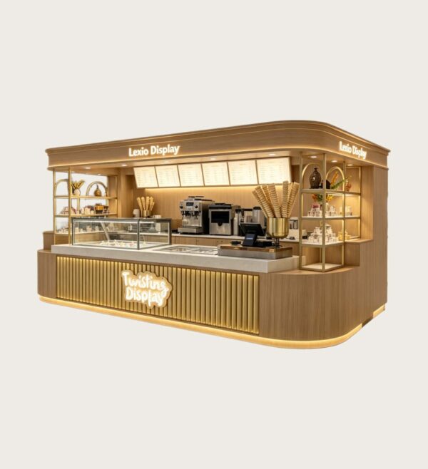 ICE CREAM KIOSK (9) Custom Natural Wood Ice Cream & Coffee Kiosk with Gold Fluted Panel | Modern Mall Dessert Retail Booth
