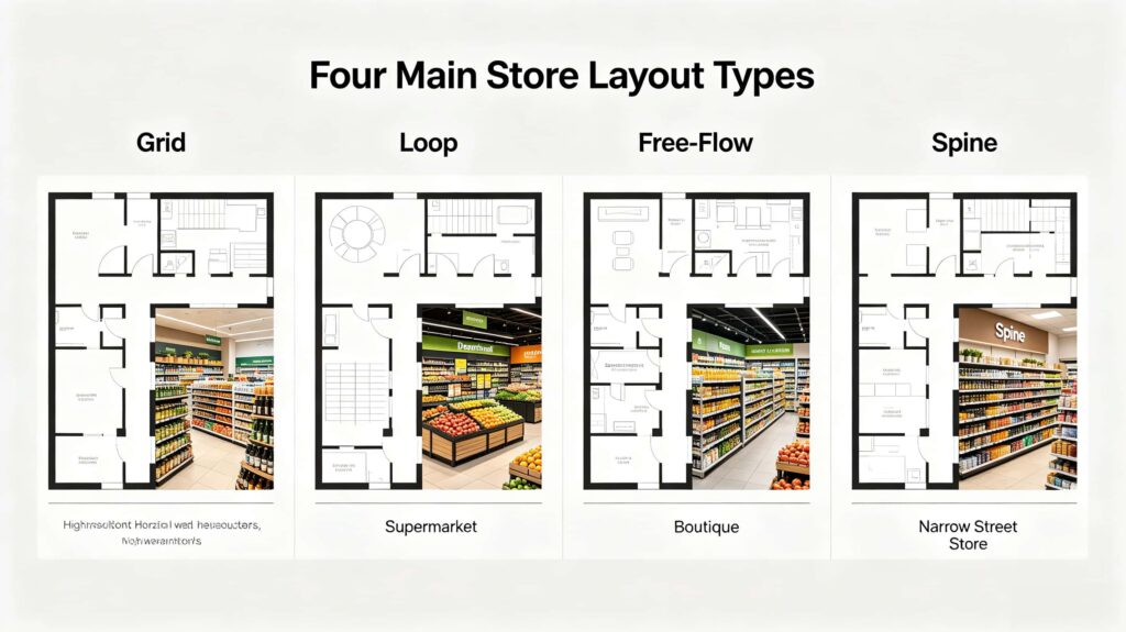 What are the four main types of store layouts?
