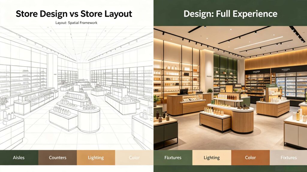 What is the difference between store design and store layout?