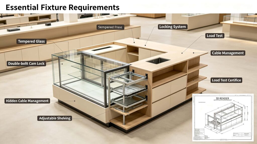 What are the essential store fixture requirements?