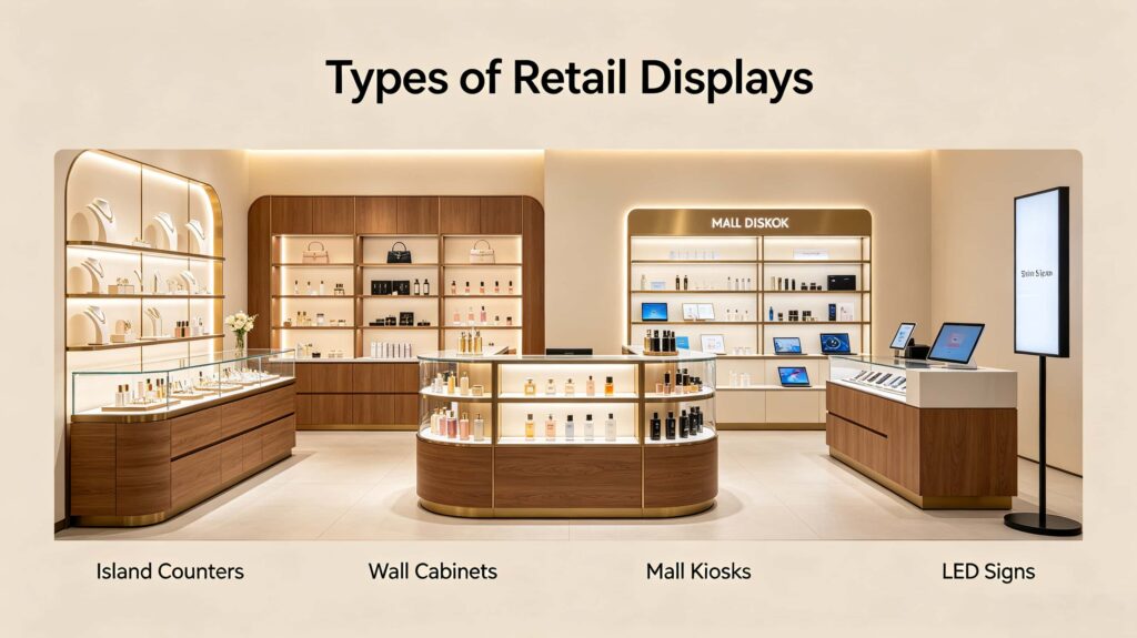 What are the different types of displays used in retail stores?
