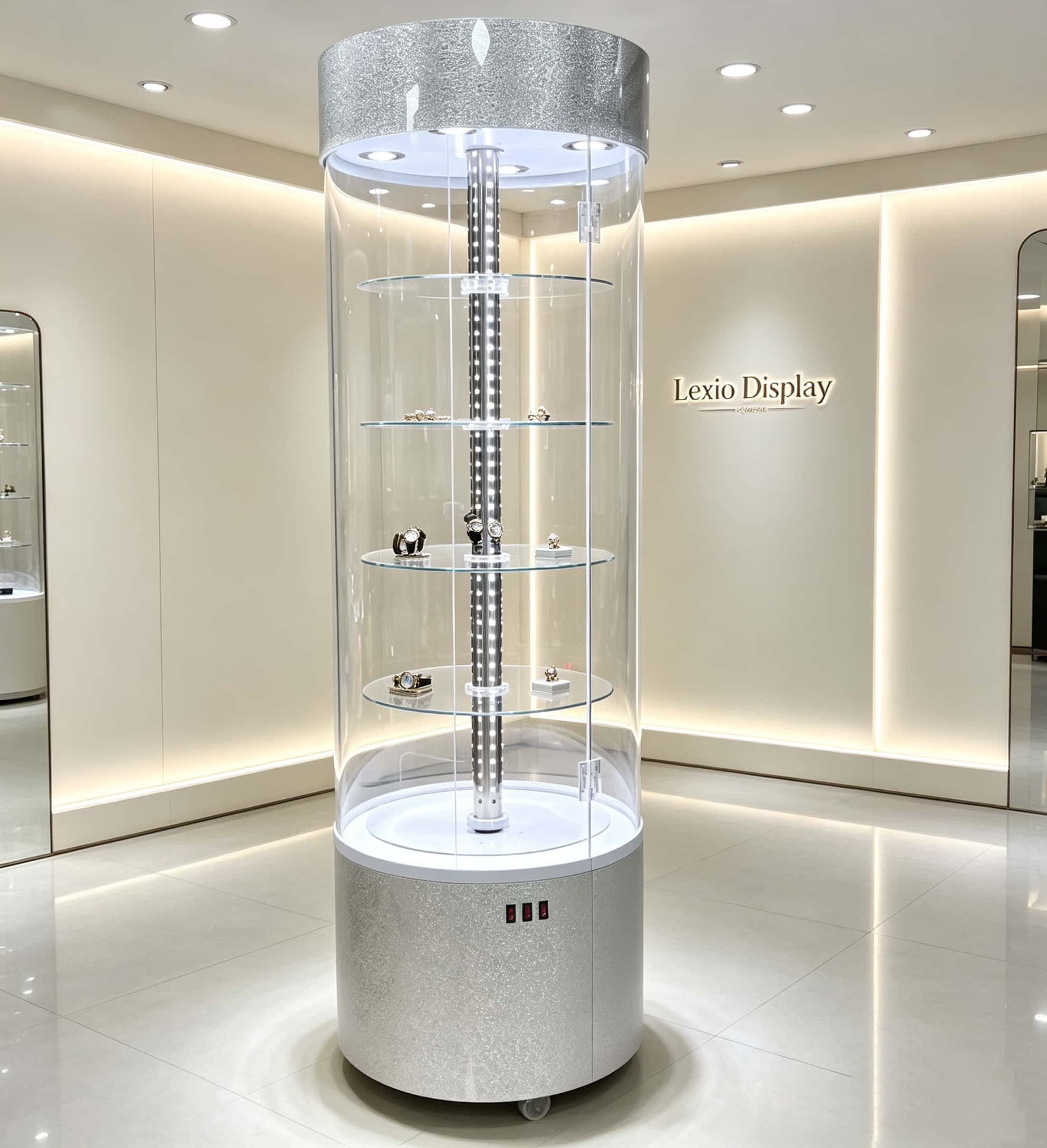 Wholesale Rotating Cylindrical Glass Jewelry Display Cabinet | LED Illuminated Round Tower Showcase with Lock & Wheels