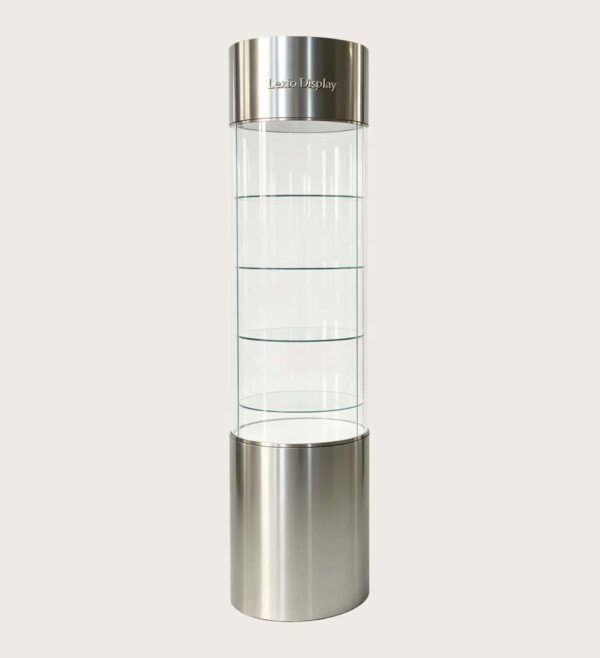 Cylindrical Stainless Steel Glass Display Cabinet | Freestanding Tall Retail Showcase for Jewelry & Collectibles