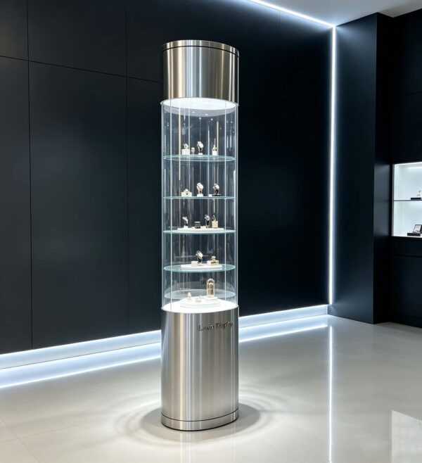 Cylindrical Stainless Steel Glass Display Cabinet | Freestanding Tall Retail Showcase for Jewelry & Collectibles