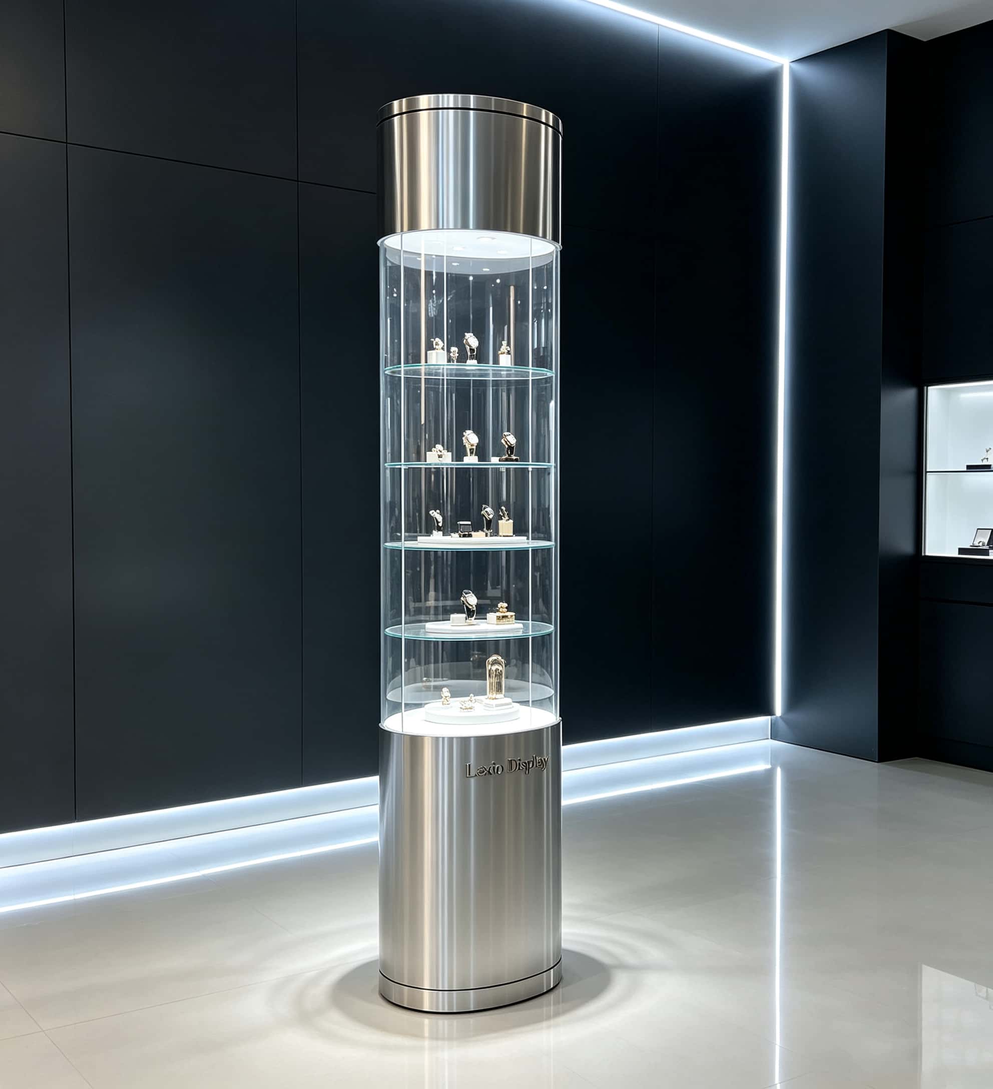 Cylindrical Stainless Steel Glass Display Cabinet | Freestanding Tall Retail Showcase for Jewelry & Collectibles