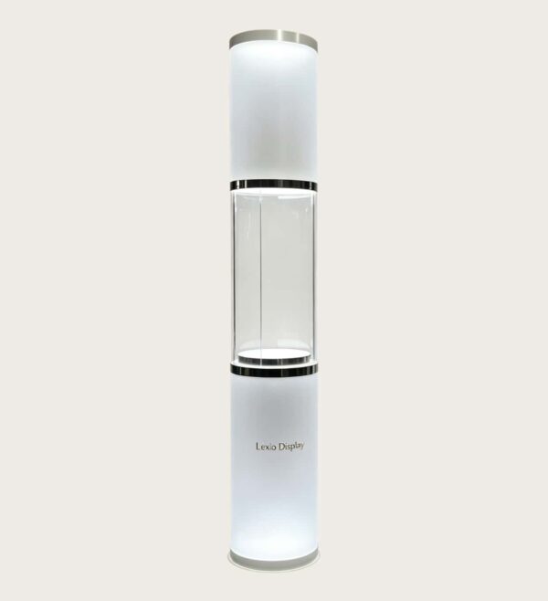 column display cabinet (18) LED Illuminated Cylindrical Glass Display Pedestal | Freestanding Luxury Retail Showcase Cabinet