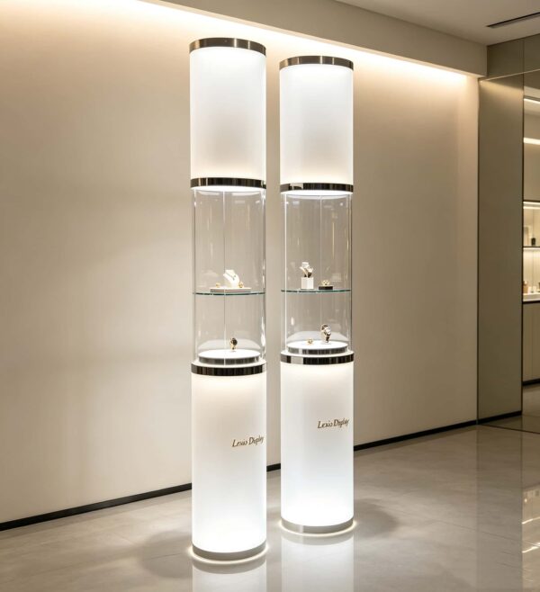 column display cabinet (19) LED Illuminated Cylindrical Glass Display Pedestal | Freestanding Luxury Retail Showcase Cabinet