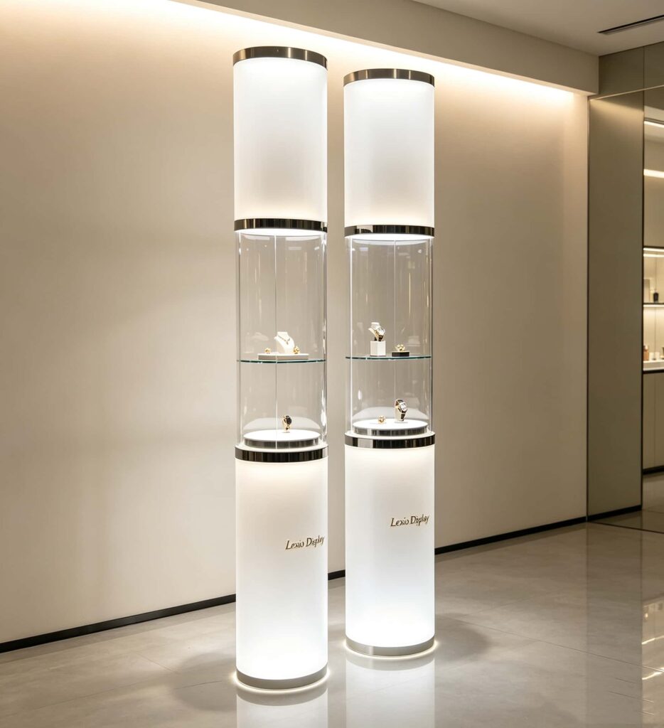 LED Illuminated Cylindrical Glass Display Pedestal | Freestanding Luxury Retail Showcase Cabinet