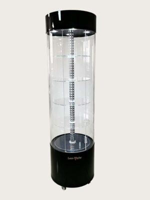 column display cabinet (2) Wholesale Black Gloss Rotating Cylindrical Glass Display Cabinet | LED Lighted Lockable Round Tower Showcase for Jewelry & Watch Boutique