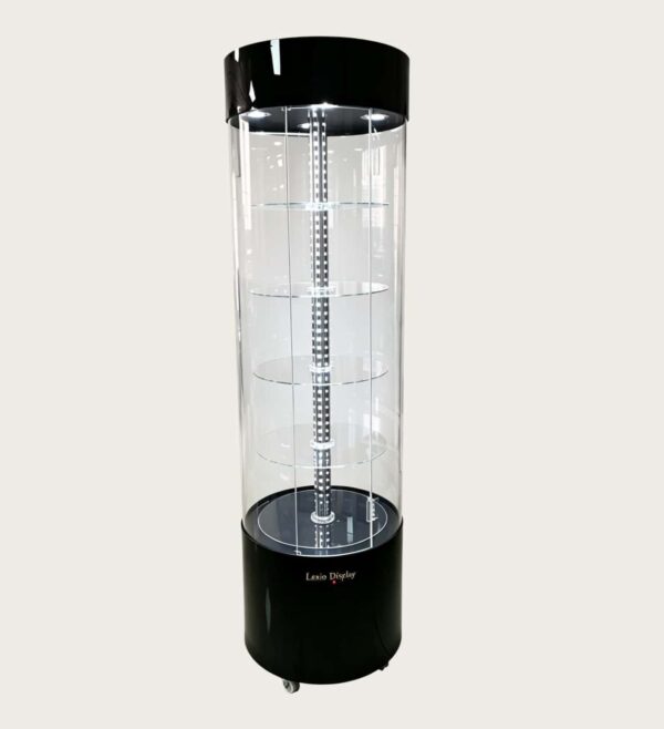 Wholesale Black Gloss Rotating Cylindrical Glass Display Cabinet | LED Lighted Lockable Round Tower Showcase for Jewelry & Watch Boutique