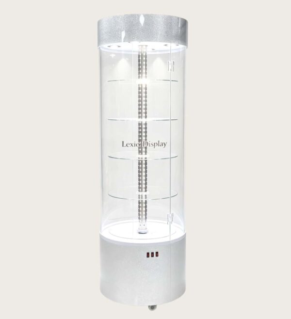 Wholesale Rotating Cylindrical Glass Jewelry Display Cabinet | LED Illuminated Round Tower Showcase with Lock & Wheels