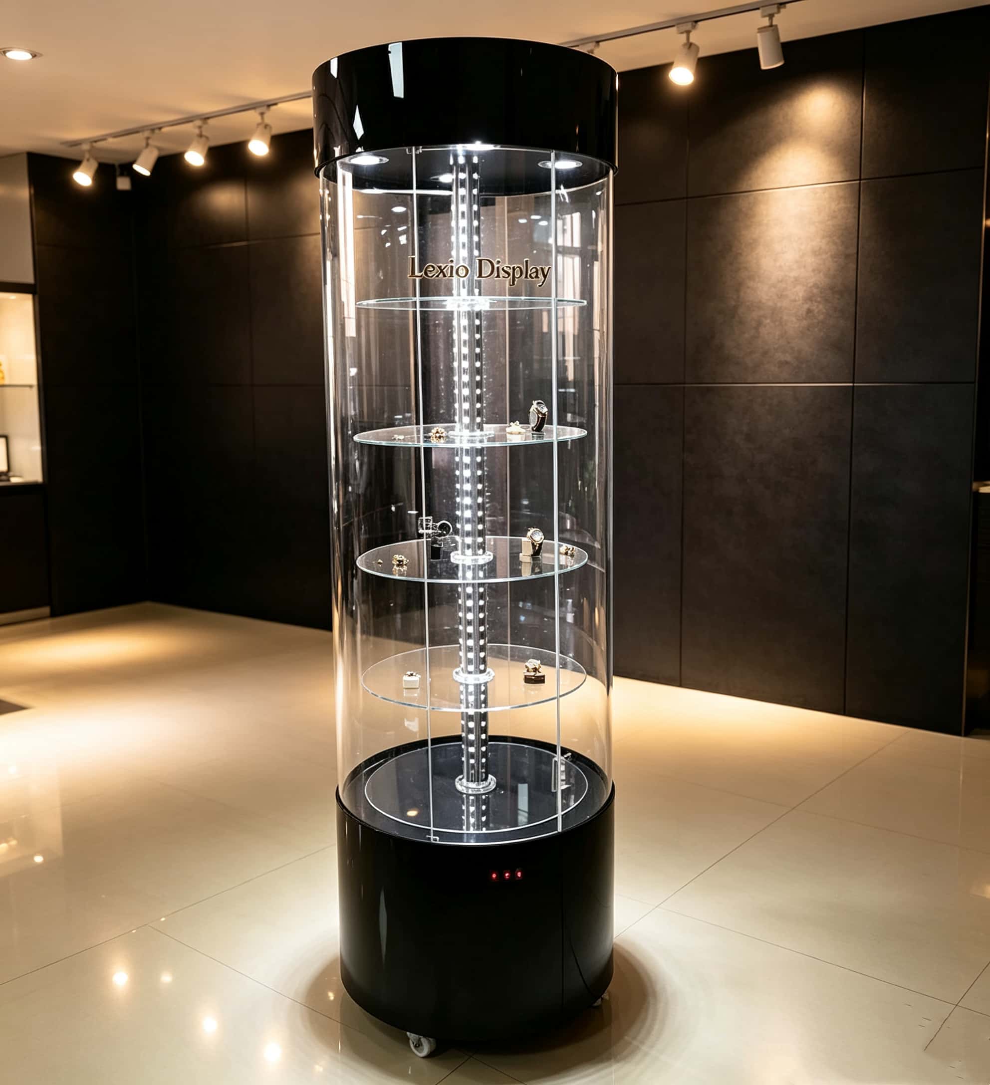 Wholesale Black Gloss Rotating Cylindrical Glass Display Cabinet | LED Lighted Lockable Round Tower Showcase for Jewelry & Watch Boutique