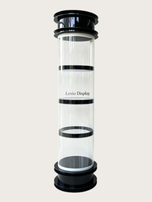 Wholesale Luxury Tiered Black Trim Cylindrical Glass Display Tower | Freestanding LED Illuminated Round Showcase for Watch & Jewelry Boutique