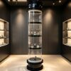 column display cabinet (5) Wholesale Luxury Tiered Black Trim Cylindrical Glass Display Tower | Freestanding LED Illuminated Round Showcase for Watch & Jewelry Boutique