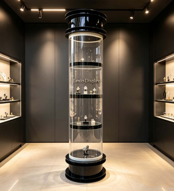 column display cabinet (5) Wholesale Luxury Tiered Black Trim Cylindrical Glass Display Tower | Freestanding LED Illuminated Round Showcase for Watch & Jewelry Boutique