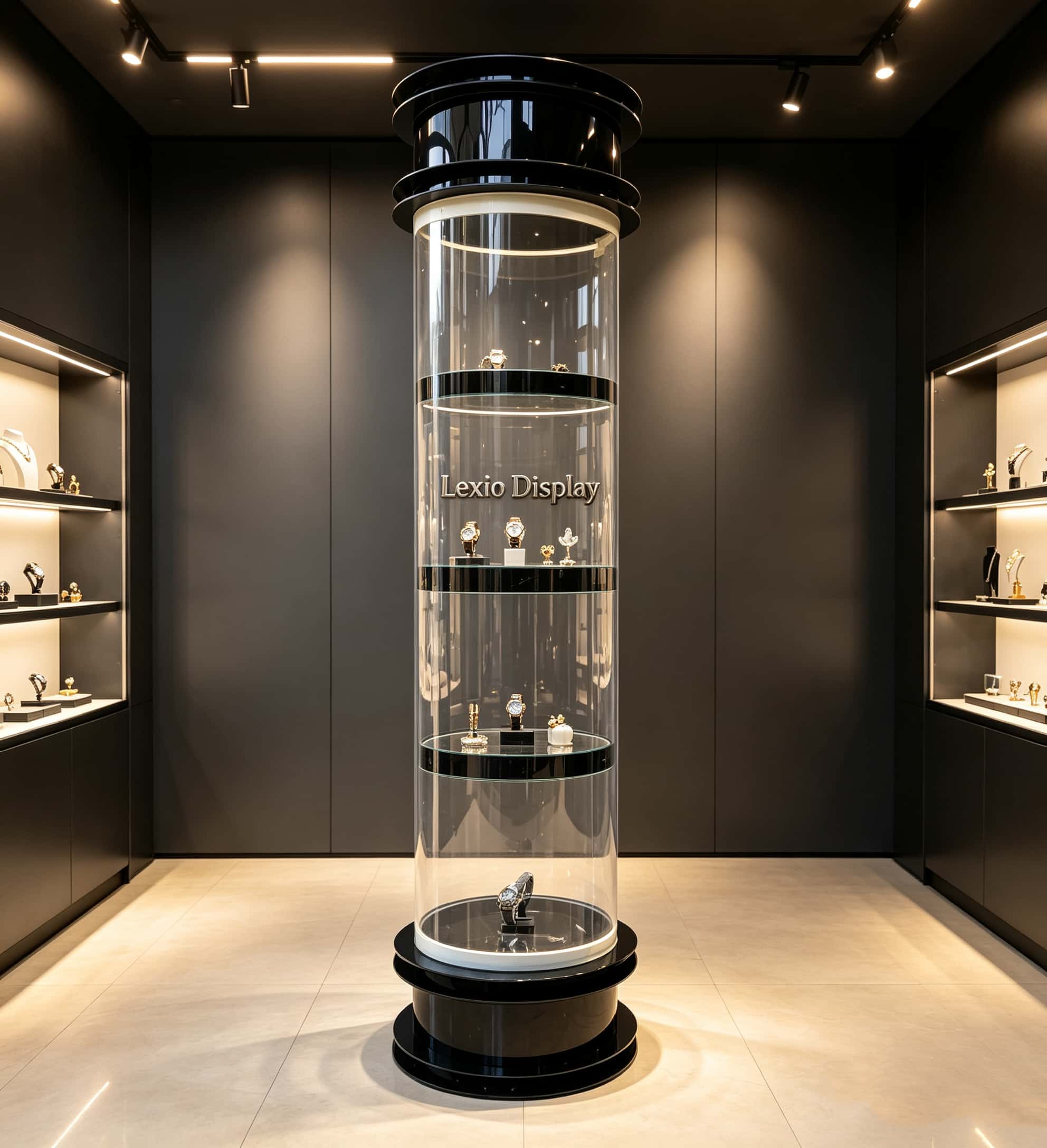 Wholesale Luxury Tiered Black Trim Cylindrical Glass Display Tower | Freestanding LED Illuminated Round Showcase for Watch & Jewelry Boutique