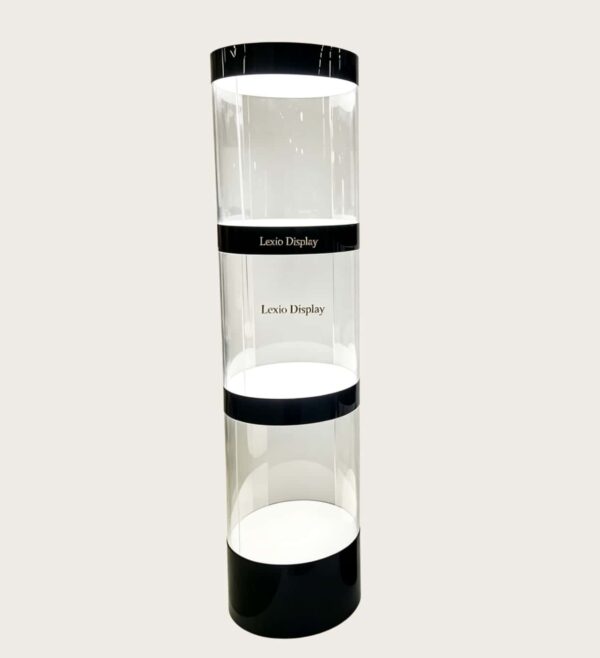 column display cabinet (6) Wholesale 3-Section Segmented Cylindrical LED Display Tower | Gloss Black Trim Freestanding Round Showcase for Watch & Jewelry Boutique Store