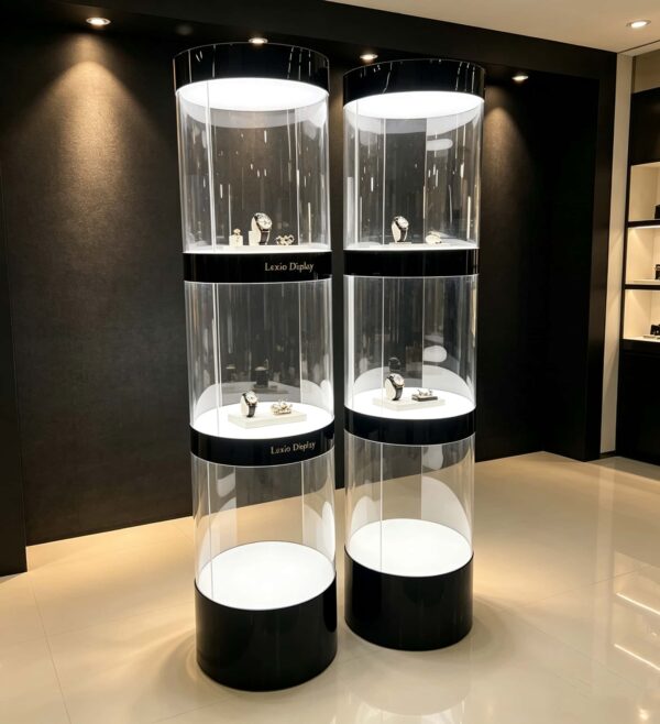 column display cabinet (7) Wholesale 3-Section Segmented Cylindrical LED Display Tower | Gloss Black Trim Freestanding Round Showcase for Watch & Jewelry Boutique Store