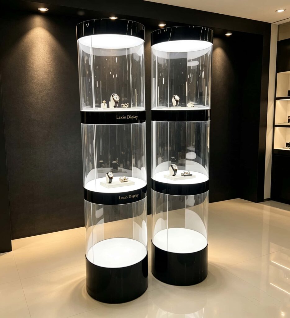 Wholesale 3-Section Segmented Cylindrical LED Display Tower | Gloss Black Trim Freestanding Round Showcase for Watch & Jewelry Boutique Store