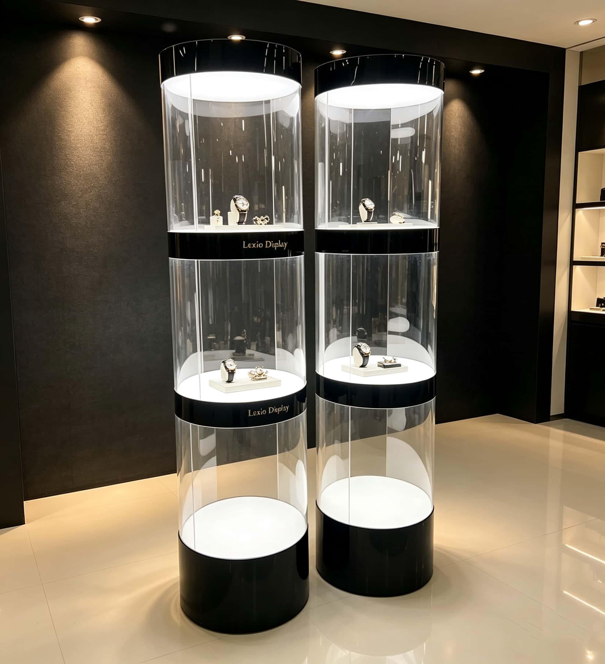 Wholesale 3-Section Segmented Cylindrical LED Display Tower | Gloss Black Trim Freestanding Round Showcase for Watch & Jewelry Boutique Store