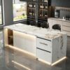 Pandora White Slate Waterfall Kitchen Island | L-Shaped Storage Counter Table for Sale