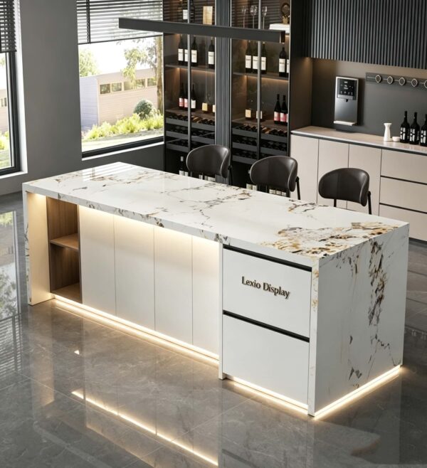 Pandora White Slate Waterfall Kitchen Island | L-Shaped Storage Counter Table for Sale