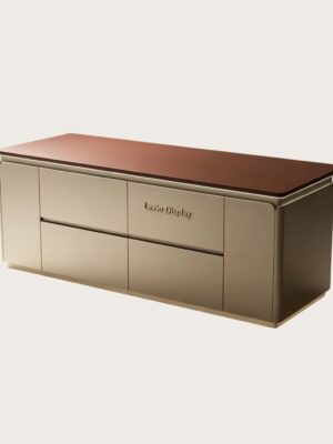 Custom Curved Rounded Edge Kitchen Island with LED Base Lighting | Two-Tone Solid Wood Stone Top Storage Breakfast Bar Wholesale for Modern Villa Kitchen
