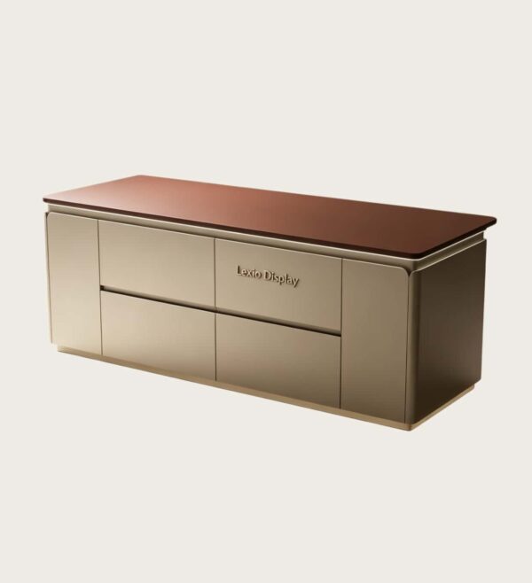 island tables (11) Custom Curved Rounded Edge Kitchen Island with LED Base Lighting | Two-Tone Solid Wood Stone Top Storage Breakfast Bar Wholesale for Modern Villa Kitchen