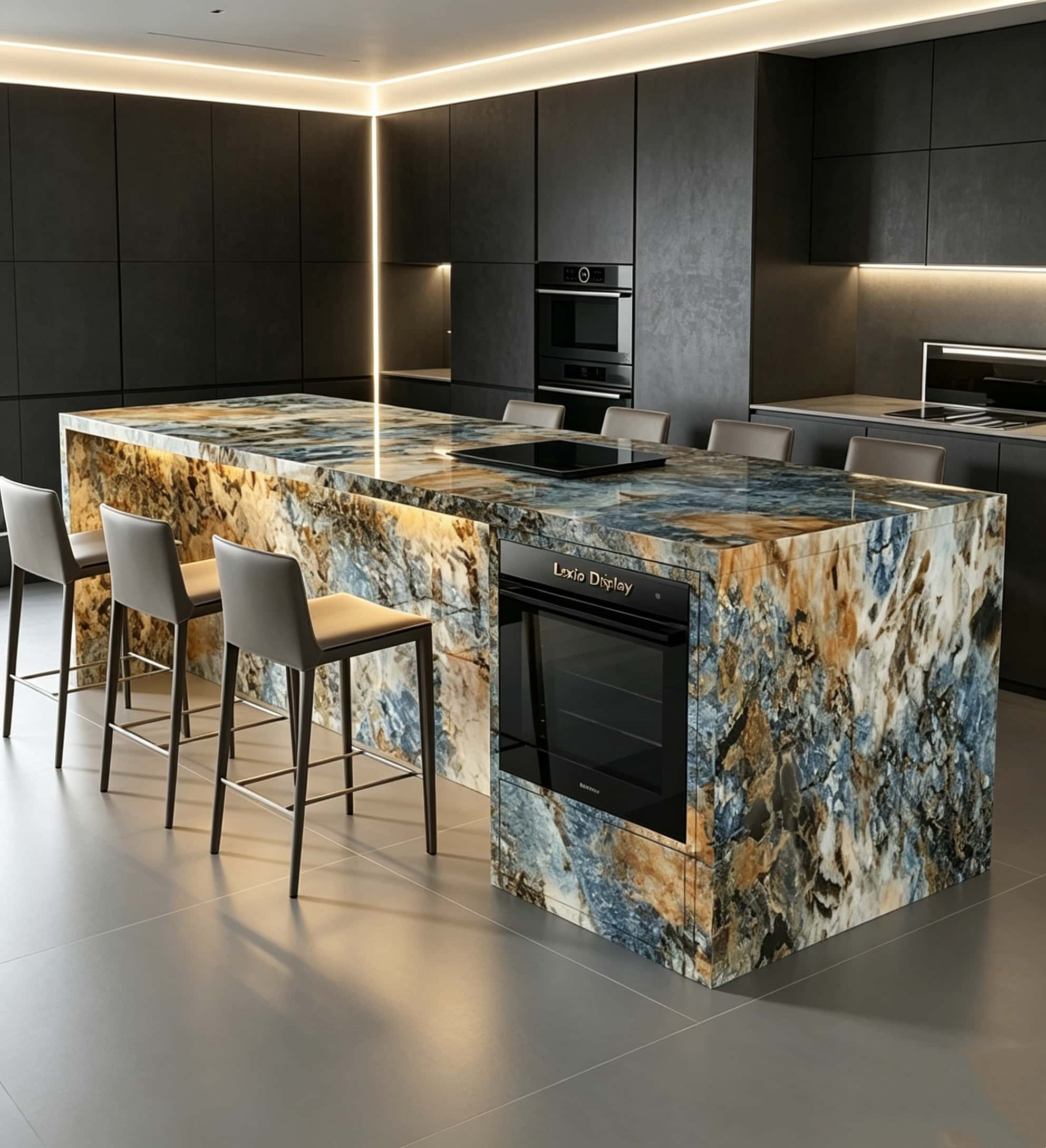 Wholesale Full Natural Quartzite Kitchen Island with Built-in Oven | Luxury Veined Stone Integrated Counter for High-End Residential & Catering Space