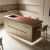 island tables (14) Custom Curved Rounded Edge Kitchen Island with LED Base Lighting | Two-Tone Solid Wood Stone Top Storage Breakfast Bar Wholesale for Modern Villa Kitchen