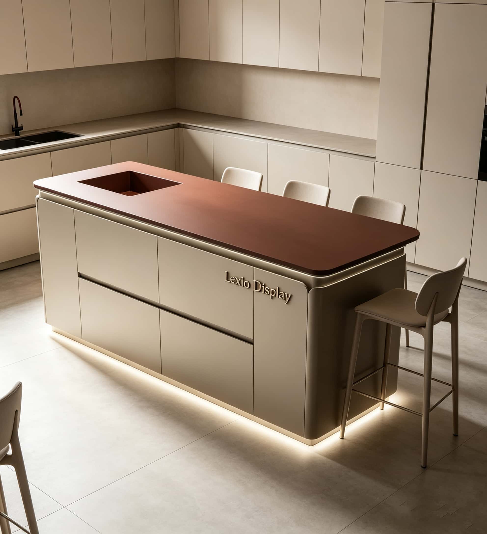 Custom Curved Rounded Edge Kitchen Island with LED Base Lighting | Two-Tone Solid Wood Stone Top Storage Breakfast Bar Wholesale for Modern Villa Kitchen