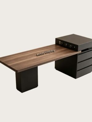 Wholesale Walnut Wood Offset Kitchen Island Dining Table | Asymmetrical Side Cabinet Storage Work Desk for Home & Retail Boutique Display
