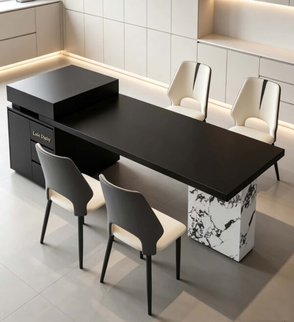 island tables (16) Wholesale Dark Solid Top Island Table with Marble Stone Leg | Asymmetric Storage Side Cabinet Counter Desk for Jewelry Boutique & Luxury Showroom