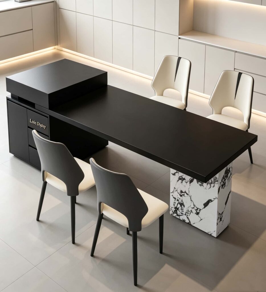 Wholesale Dark Solid Top Island Table with Marble Stone Leg | Asymmetric Storage Side Cabinet Counter Desk for Jewelry Boutique & Luxury Showroom