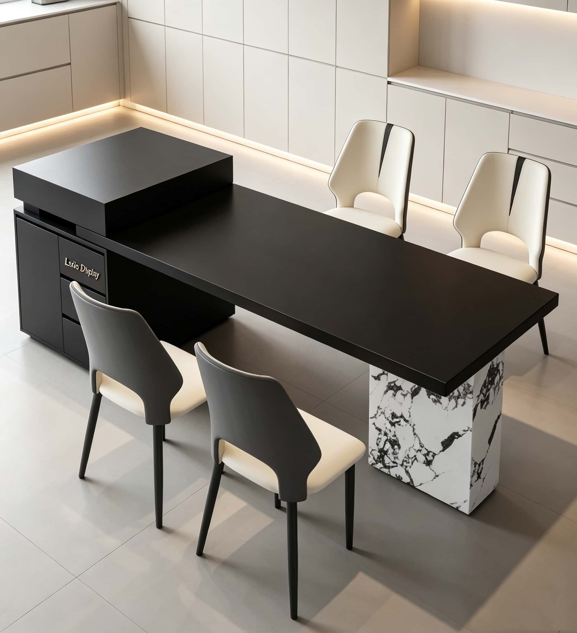 Wholesale Dark Solid Top Island Table with Marble Stone Leg | Asymmetric Storage Side Cabinet Counter Desk for Jewelry Boutique & Luxury Showroom
