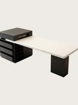 Wholesale Black & White Asymmetric Storage Island Table | Modern Solid Surface Counter Desk with Multi-Drawer Cabinet for Retail Boutique & Showroom