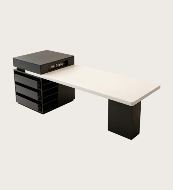island tables (17) Wholesale Black & White Asymmetric Storage Island Table | Modern Solid Surface Counter Desk with Multi-Drawer Cabinet for Retail Boutique & Showroom