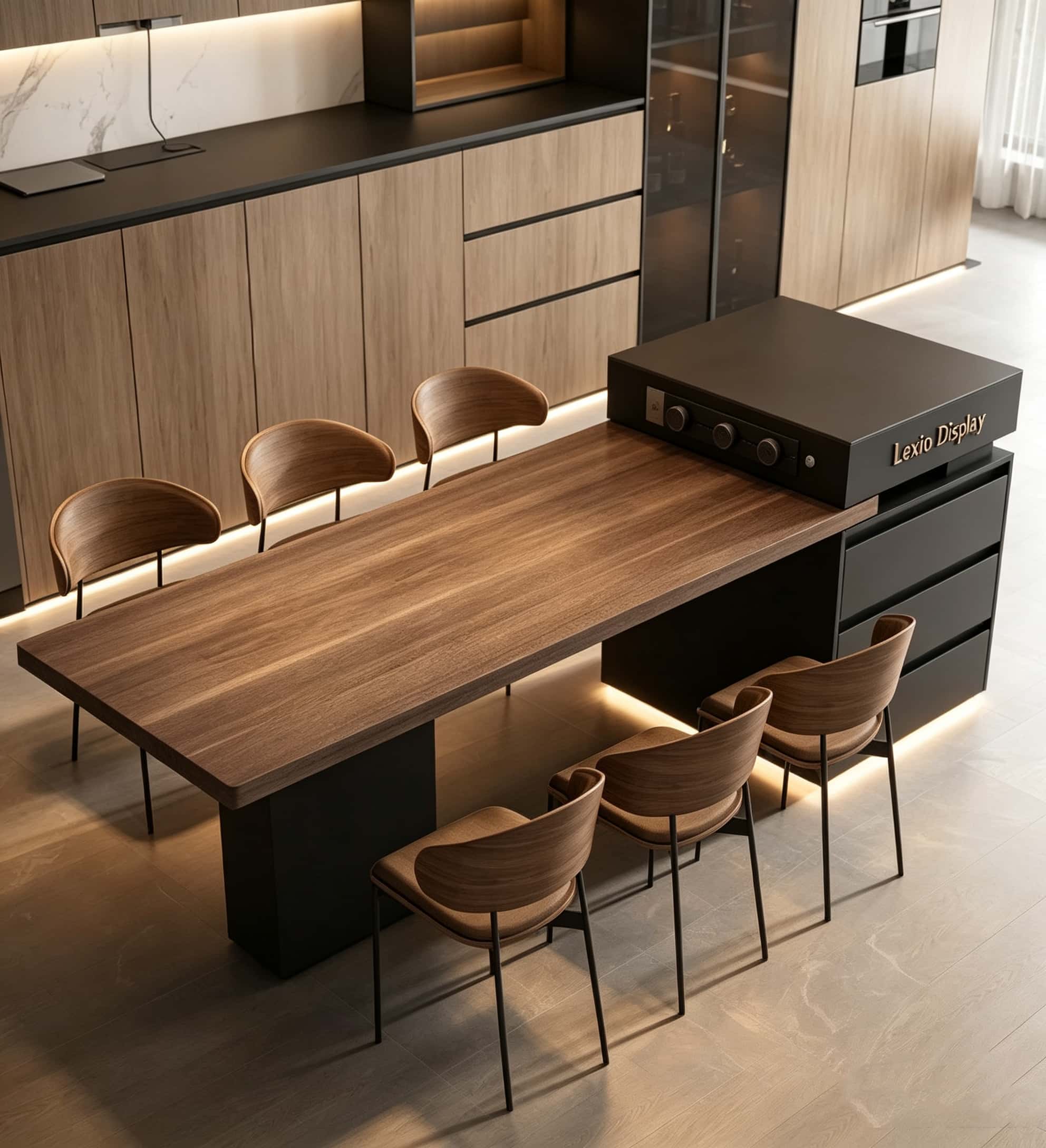 Wholesale Walnut Wood Offset Kitchen Island Dining Table | Asymmetrical Side Cabinet Storage Work Desk for Home & Retail Boutique Display