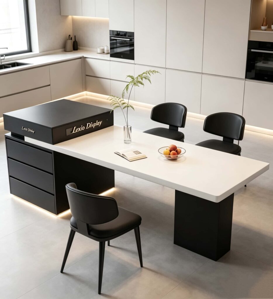 Wholesale Black & White Asymmetric Storage Island Table | Modern Solid Surface Counter Desk with Multi-Drawer Cabinet for Retail Boutique & Showroom