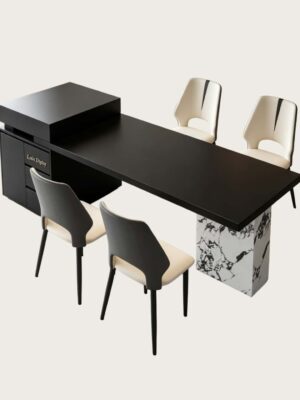 Wholesale Dark Solid Top Island Table with Marble Stone Leg | Asymmetric Storage Side Cabinet Counter Desk for Jewelry Boutique & Luxury Showroom