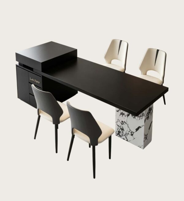 island tables Wholesale Dark Solid Top Island Table with Marble Stone Leg | Asymmetric Storage Side Cabinet Counter Desk for Jewelry Boutique & Luxury Showroom