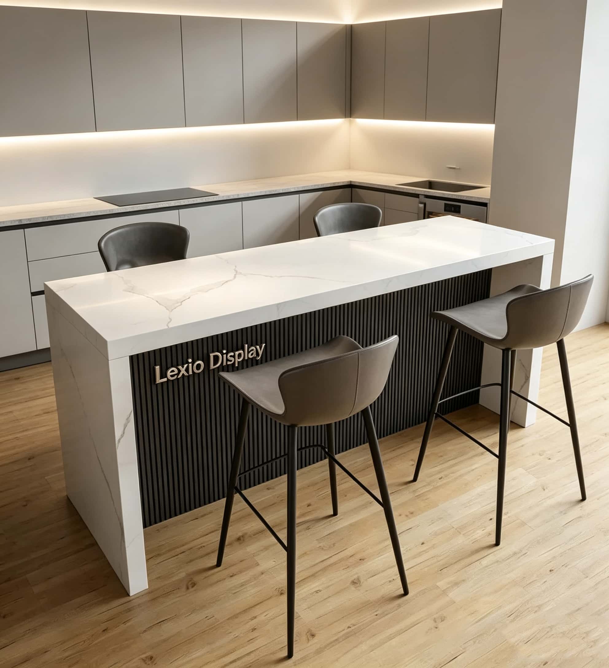 Wholesale White Sintered Stone Fluted Panel Kitchen Island Bar Counter | Modern Luxury Freestanding Breakfast Bar Table For Home & Commercial Cafe